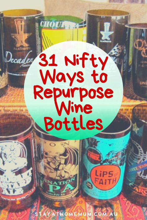 31 Nifty Ways to Repurpose Wine Bottles Uses For Glass Bottles, Glasses Made From Wine Bottles, Reuse Bourbon Bottles, Wine Bottle Lamps Ideas, Blue Wine Bottle Crafts Diy, Liquor Bottle Display Ideas, Large Wine Bottle Crafts, Small Wine Bottle Crafts, Empty Bottle Crafts