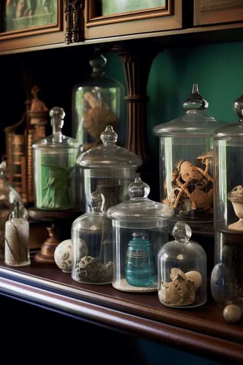 Apothecary Room Decor, Dark Academia Apothecary, Witches Apothecary Cabinet, Large Apothecary Jars Decor, Victorian Apothecary Aesthetic, Dark Apothecary Aesthetic, Apothecary Bedroom Ideas, Colonial Apothecary, Apothecary Interior