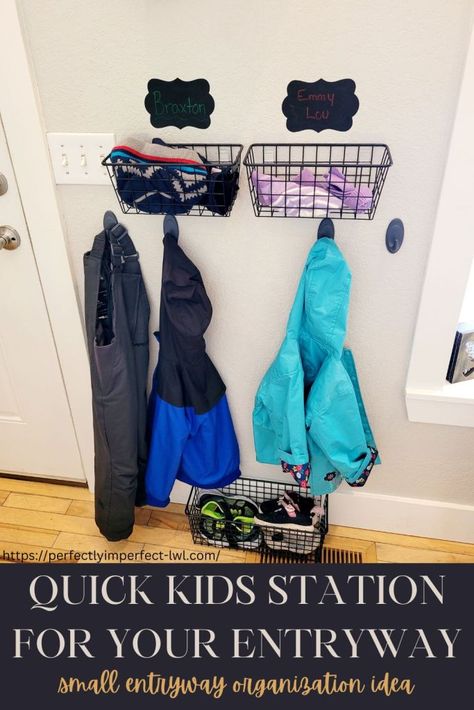 entryway organization idea for kids, kids station for your entryway.  Coat hooks at kids level, shoe storage basket, chalkboard name tags, hat and glove storage baskets, hanging storage baskets for kids gear. Front Entry Organization, Hat And Mitten Storage Entryway, Hats And Gloves Storage Ideas, Kids Coat Hooks Entryway, Hats And Gloves Storage, Kids Entryway Ideas, Hat And Glove Storage Ideas, Kids Drop Zone, Coat Organization