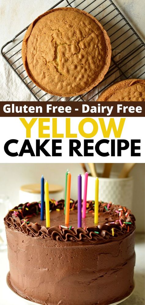 two baked cakes on a wire rack, chocolate frosted cake Dairy Free Yellow Cake Recipe, Gluten Free Yellow Cake Recipe, Gluten Free Birthday Cake Recipe, Dairy Free Birthday Cake, Gluten Free Yellow Cake, Gluten Free Birthday Cake, Gluten Free Dairy Free Dessert, Dairy Free Frosting, Gluten Free Cake Recipe