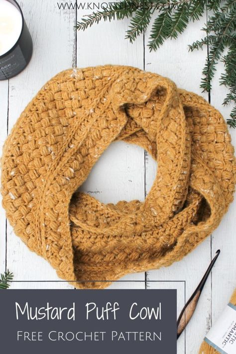 Mustard Puff Crochet Infinity Scarf Pattern - The Knotted Nest Simple Crochet Infinity Scarf, Scarf Crochet Pattern Chunky Yarn, Easy Snood Crochet Pattern, Crochet Pattern Infinity Scarf, Crochet Puff Stitch Scarf, Puff Stitch Crochet Scarf, Caron Simply Soft Crochet Patterns Free, Infinity Scarf Crochet Free Pattern, Easy Scarf Crochet Pattern