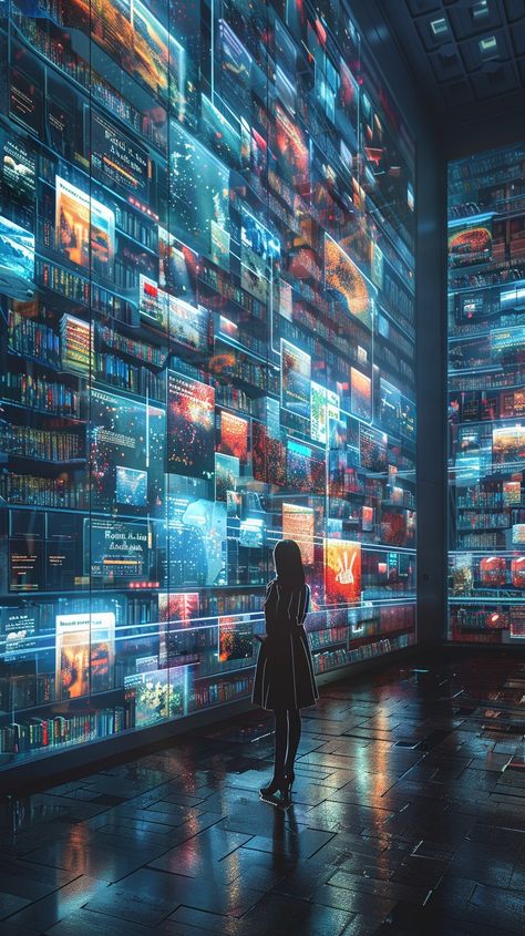 Futuristic Library Scene: A lone figure stands in awe inside a vast, luminous library filled with glowing screens. #digital #innovative #techsavvy #hightech #modernization #artificialintelligence #machinelearning #creativescenery ⬇️ Download and 📝 Prompt 👉 https://stockcake.com/i/futuristic-library-scene_936853_1049363 Futuristic Library, Glass Library, Library Scene, Library Art, School Admissions, Scene Image, Image Downloads, A Lone, Nature Backgrounds