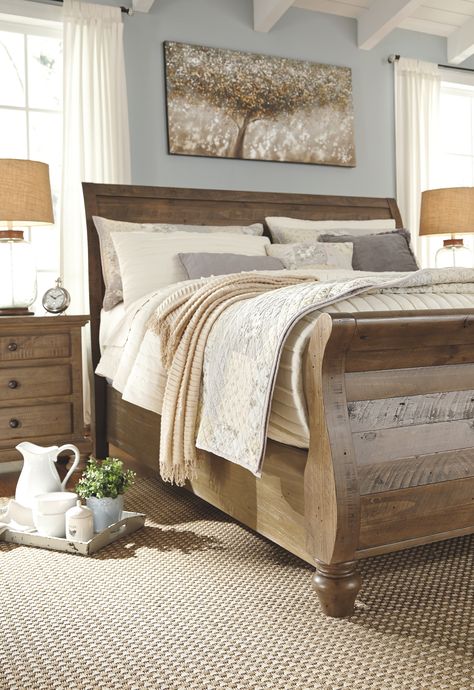 Light Brown Bedroom Furniture, Sleigh Bed Bedroom Ideas, Light Brown Bedroom, Brown Bedroom Furniture, Bed Bedroom Ideas, Bedroom Furniture Wood, Wood Sleigh, King Sleigh Bed, Decorating A Bedroom