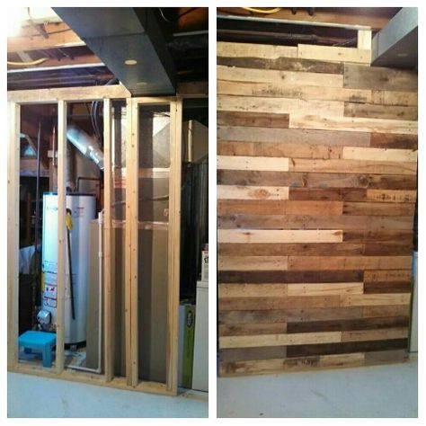 Partial wall to hide furnace in our laundry room! #palletwoodrepurposing#mor2becreated Hide Furnace, Partial Wall, Organizations Ideas, Furnace Room, Floor Makeover, Basement Laundry Room, Basement Inspiration, Basement Laundry, Basement Apartment