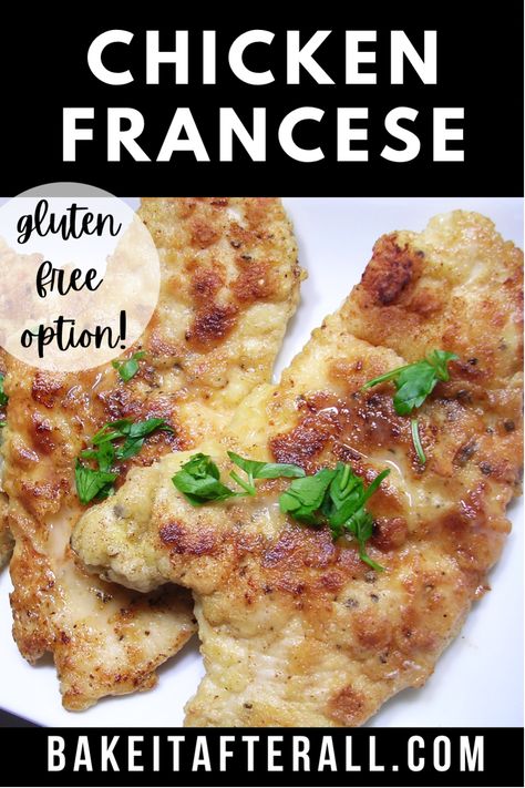 Chicken Francese {Gluten Free Option} - You're Gonna Bake It After All Gluten Free Chicken Francaise Recipe, Chicken Francaise Recipe Easy, Chicken Francaise Recipe, Chicken Breast Cutlets, Lightly Breaded Chicken, Chicken Francese, Chicken Cutlet Recipes, Easy Baked Ziti, Gluten Free Chicken Recipes