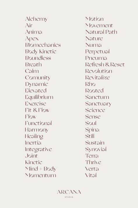 Arcana Studio: crafting holistic brand and website design for purpose-driven businesses. Discover your brand's essence at ArcanaStudio.co Creating A Brand Name, Holistic Studio Design, Names For Studio, Names For Graphic Design Business, Health Coach Business Names, Holistic Healing Business Names, Holistic Business Ideas, Earthy Business Names, Wellness Brand Name Ideas