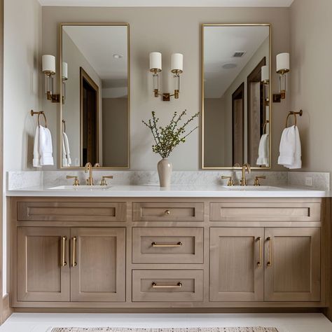 Large Mirror Over Vanity, Modern Master Bath Design Ideas, Light Master Bath, Mirror Frame Bathroom, Classic Bathroom Ideas, Modern Classic Bathroom Design, Modern Transitional Bathroom, Transitional Master Bath, Elegant Master Bath