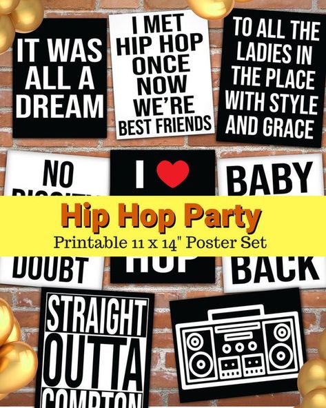 DOWNLOAD ONLY - NOTHING IS SHIPPED << This set of eleven hip hop party posters are sure to liven up your next event or even use as decor! Classic designs include boombox, microphone, and classic rap lyrics. Each design is 300 dpi (max. resolution) 11x14 (small poster size) and 50th Birthday Brunch, Birthday Brunch Ideas, Hip Hop Party Theme, 90s Theme Party Decorations, 90s Hip Hop Party, Hip Hop Birthday Party, 90s Party Decorations, Hip Hop Birthday, 90s Theme Party