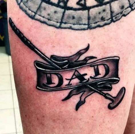 Golf Club Dad Tattoo Golf Club Tattoo, Baby Tattoo For Dads, Golf Club Crafts, Golf Tattoo, Tattoos For Dad, Tattoos For Dad Memorial, Black Line Tattoo, Golf Photos