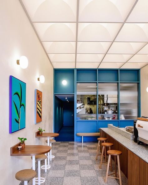 Sans • Arc on Instagram: “ILLUMINATED CEILING ~ COOL ART by @nickdahlen_ ~ CHECKERED FLOOR ~ terrazzo x 3  @mascavado.adl 🥐🌱🍰…” Checkered Ceiling, Big Sheds, Drink Design, Joinery Details, Studio Interior Design, Cafe Bistro, Drinks Design, Studio Interior, Cool Cafe