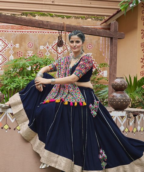 Blue in blossom!!! Add our navy blue lehenga with embroidery full mirror work with viscose rayon dupatta to draped in your style in this navratri festival ✨💙 SHOP NOW 🛍️ gotifab.com [lehengacholi, navratri lehengas, navratri collection, garba outfits, navratri chaniya choli, lengha choli] #lehengacholi #navratrilehenga #navratricollection #chaniyacholis #garbaoutfits #gotifab Gujrati Lengha Choli, Blue Garba Outfit, Navy Blue Lehenga, Garba Outfit, Navratri Lehenga, Navratri Collection, Full Mirror, Navratri Festival, Navratri Chaniya Choli