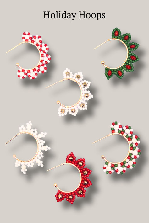 Festive holiday and Christmas hoop earrings feature classic semi-precious stones and seed beads on brass hoops. Hand-beaded with care, these versatile earrings are the perfect accessory for any holiday outfit. Lead and nickel free. Beaded Christmas Wreath Earrings, Beaded Xmas Earrings, Easy Beaded Earrings Diy, Beaded Hoops Earrings, Christmas Bead Earrings, Seed Bead Earrings Patterns, Holiday Earrings Diy, Beaded Christmas Earrings, Christmas Beaded Earrings