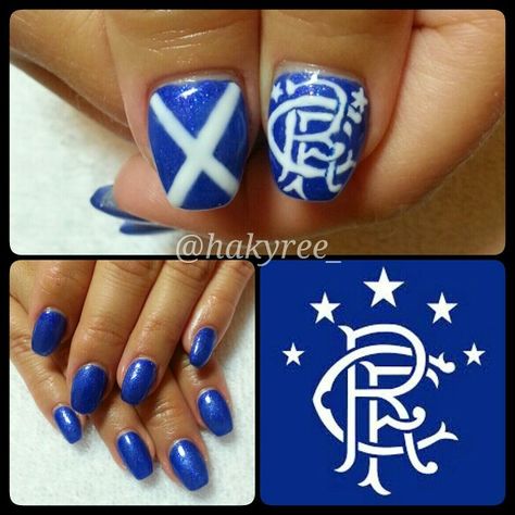 Scottish Pride! Royal Blue with hand painted Glasgow Rangers football club logo and Scottish Flag on the thumbs in memory of her father ♥ sculpted squaletto gel nails set ♥ Follow me on Instagram @hakyree_ Scottish Nails, Football Nail Art, Rangers Football Club, Football Club Logo, Football Nails, Glasgow Rangers Football, Scottish Pride, Scottish Flag, Gel Nail Set