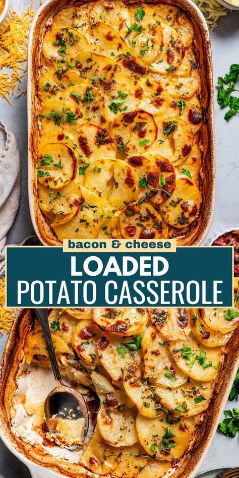 This garlicky loaded baked potato casserole with two kinds of cheese and smokey bacon is a classic side dish. It's coated in a velvety custard right before it hits the oven for an extra creamy and rich bite. Add caramelized onions for some French flair! Potato And Bacon Bake, Oven Baked Casserole Recipes, Loaded Potato Casserole Recipes, Baked Potato Casserole Loaded, Best Potato Bake Recipe, Potato Bacon Casserole, Creamy Potato Bake, Bacon Potato Casserole, Baked Potato With Cheese