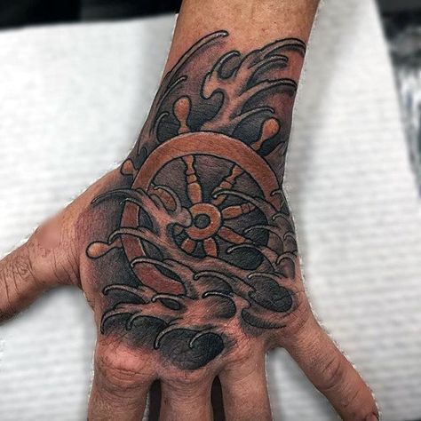 Ship wheel Ship Wheel Tattoo, Pirate Ship Tattoos, Nautical Tattoos, Nautical Star Tattoos, Ocean Sleeve, Herren Hand Tattoos, Today Tattoo, Tattoo Sleeve Filler, Wheel Tattoo