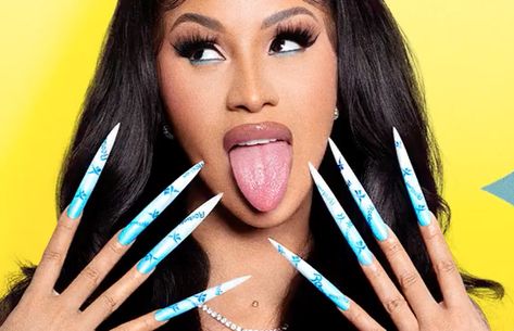 Cardi B Birthday, I Think Im Pregnant, Cardi B Nails, Kash Doll, Long Stiletto Nails, White Manicure, Celebrity Nails, Long Nail Designs, Blue Nail Art