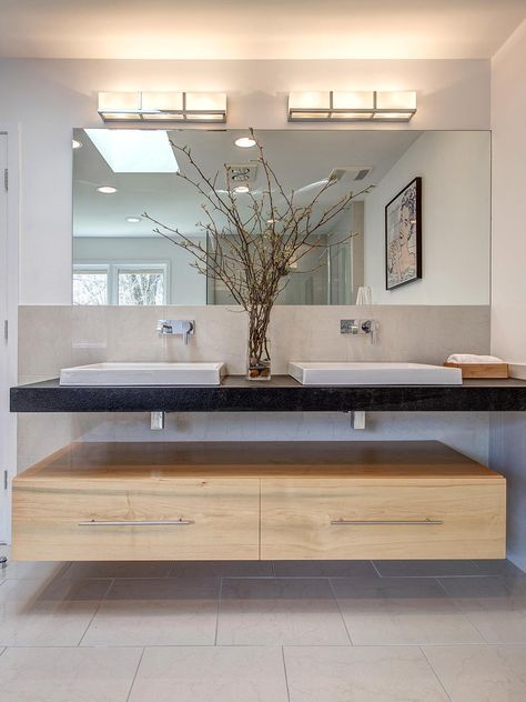 The clean lines of this sophisticated floating vanity are just what the homeowner desired for his sleek, modern bathroom. Top Bathroom Design, Sleek Bathroom, Bad Inspiration, Bathroom Design Inspiration, Floating Vanity, Trendy Bathroom, Modern Bathroom Vanity, Contemporary Bathroom, Modern Bathroom Design