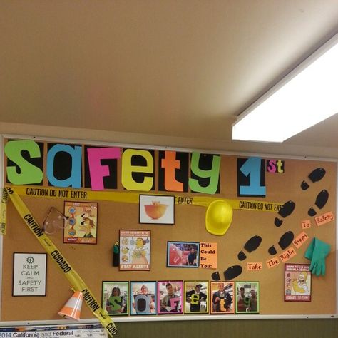 Was asked to decorate the breakroom for safety! Work Safety Board Ideas, Safety Board Ideas For Work, Break Room Bulletin Board Ideas, Employee Break Room Ideas Fun, Workplace Safety Bulletin Boards, Break Room Clean Up Sign, Break Room Decor, Safety First, Break Room