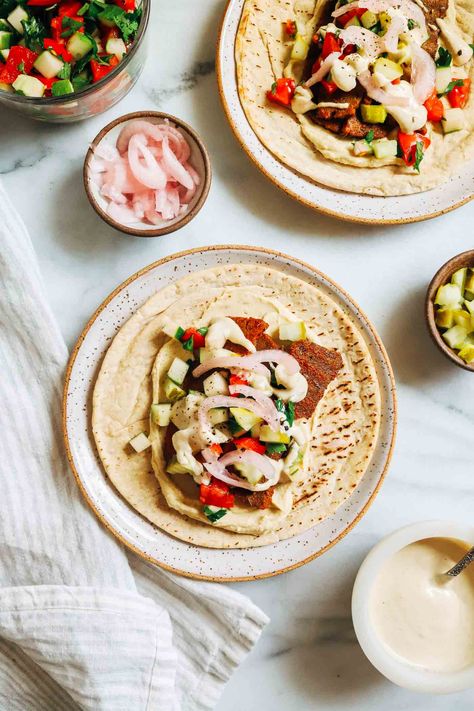 Tofu Shawarma Pita Wraps - Making Thyme for Health Tofu Shawarma, Shawarma Spice Blend, Lentil Tofu, Shawarma Spice, Pita Wraps, Soy Tofu, Lemon Tahini Sauce, Shawarma Spices, Pita Wrap