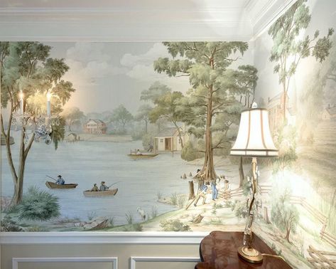 Dixie-Paul Montgomery - panoramic mural Blue Willow Decor, Dining Room Murals, Affordable Wallpaper, Bedroom Redesign, Scenic Wallpaper, Wallpaper Project, Hand Painted Wallpaper, Chinoiserie Wallpaper, Wallpaper Murals