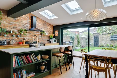 Kitchen With Open Ceiling, Green Wood Brick Kitchen, Brick In Kitchen, One Wall Kitchen With Island, Contemporary Kitchen And Dining, Eclectic Kitchens, Ireland Interior, Wood Islands, Flat Roof Tiles