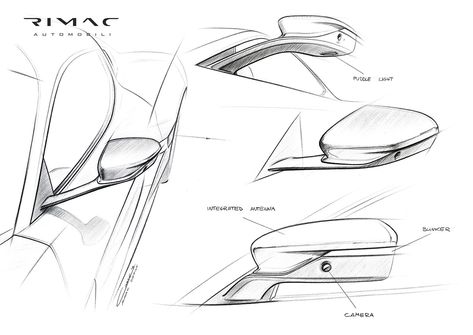 Rimac C_Two (2020) Official Press Sketches on Behance Industrial Design Drawing, Sketch Cars, Vehicle Drawing, Cars Sketch, Draw A Car, Side Mirror Car, Car Facts, Auto Design, Automotive Artwork