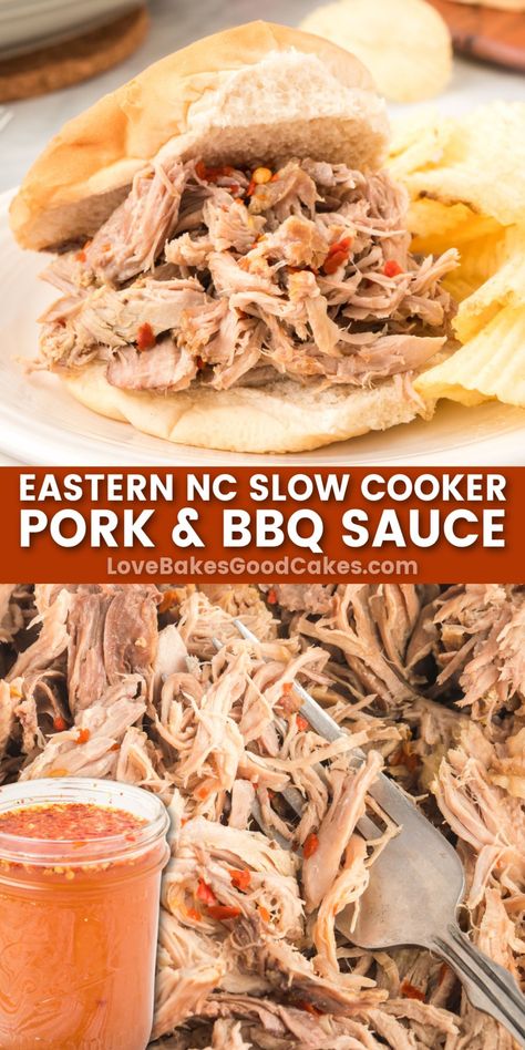 Eastern NC Slow Cooker Pork and BBQ Sauce Pulled Pork Crock Pot Recipes Bbq, Bbq Crockpot Recipes, Nc Bbq Sauce, Bbq Pork Crockpot, Pulled Pork Crock, Crockpot Pulled Pork Bbq, Carolina Pulled Pork, Bbq Pulled Pork Slow Cooker, Carolina Bbq Sauce