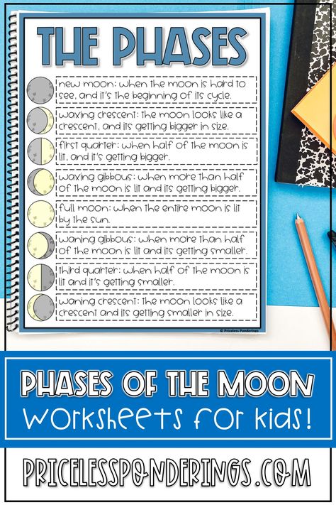 Looking for a comprehensive phases of the moon curriculum for 2nd and 3rd grade? Check out our blog post highlighting engaging phases of the moon worksheet and lesson plan ideas! Start exploring the wonders of earth science today! Phases Of The Moon Worksheet, Moon Phase Project, Moon Worksheet, 3rd Grade Writing Prompts, Moon Lessons, Moon For Kids, Elementary Science Experiments, Earth Science Lessons, Moon Activities