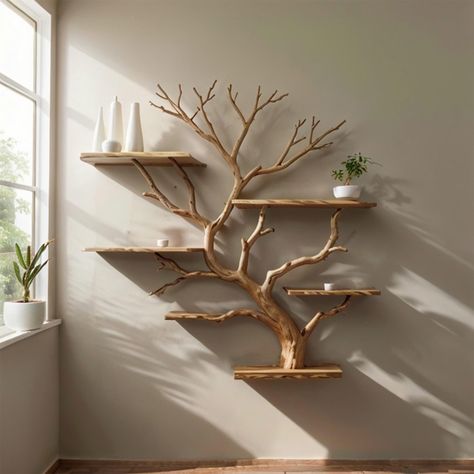 Tree bookshelf wooden bookshelf for wall are made from solid wood and natural driftwood branches, the driftwood branches are found on high rocky mountain tops, we have selected the most beautiful driftwood branches to bring you a space close to nature to help your room become warmer than ever Our branches tree bookshelf on wall are guaranteed to be termite and mold-free, because it is also applicable in fish tank decoration, so when choosing this driftwood to make the tree bookshelf, it will be Tree Branch Towel Rack, Wavy Floating Shelves, Shelf Design Living Room, Kangaroo Nursery, Wooden Shelf Decor, Tree Design On Wall, Shelves On Wall, Shelf Tree, Live Edge Shelf