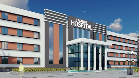 School Front Elevation Design, Modern Hospital Exterior, Hospital Exterior Design Facades, Hospital Elevation Design, Hospital Building Design, Hospital Architecture Design, Prison Design, Hospital Floor Plan, Children Hospital Design