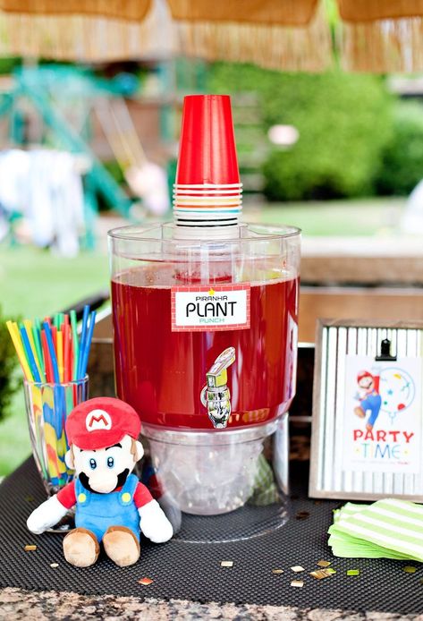 Super Smash Bros Party, Mario Themed Birthday Party, Birthday Party 10, Mario Bros Birthday Party Ideas, Birthday Party Drinks, Super Mario Bros Birthday Party, Super Mario Bros Party, Kids Punch, Mario Bros Birthday