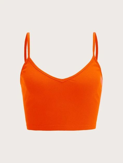 Solid Rib-knit Cami Top | SHEIN USA Girls Outwear, Tops Shein, Orange Crop Top, Orange Outfit, Orange Tank Top, Women Tank Tops, Orange Shirt, Orange Top, Crop Top Outfits