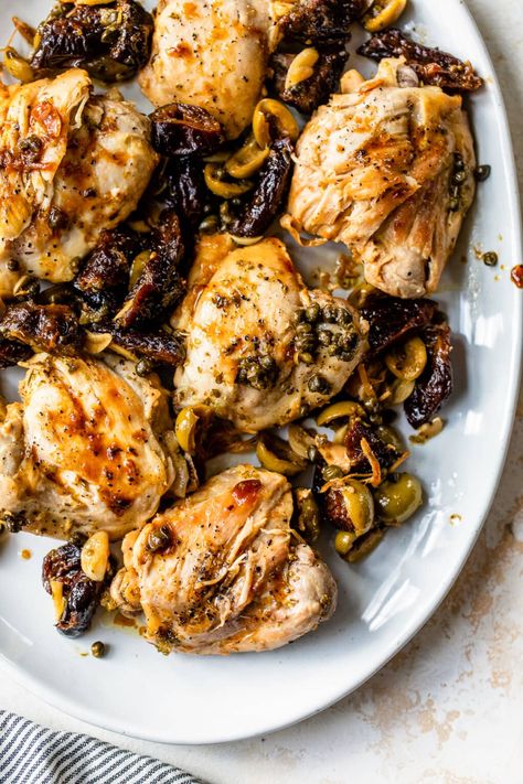 You’re going to fall in love this faster and lighter Chicken Marbella. Chicken thighs are cooked on the stove-top with prunes, Spanish olives, capers, garlic and oregano for a flavorful and easy Mediterranean-style dish! #chicken #chickenrecipes #dinner #mediterranean #weightwatcherrecipes Ways To Cook Chicken Thighs, Dinner Mediterranean, Gina Homolka, Chicken Marbella, Vegan Paleo Recipes, Spanish Olives, Ways To Cook Chicken, Lunch Appetizers, Skinnytaste Recipes