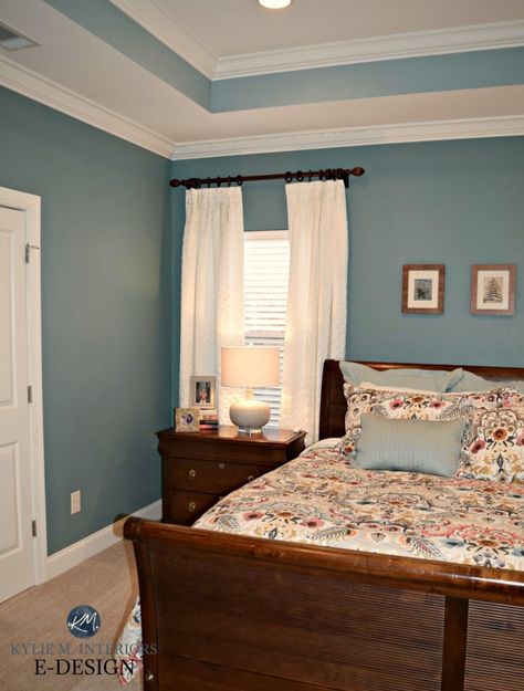 Kylie M E-design, Sherwin Williams Moody Blue and Interesting Aqua in bedroom with tray ceiling and beige carpet (2) Sherwin Williams Moody Blue, Tray Ceiling Paint Ideas, Bedroom Tray Ceiling, Bedroom With Tray Ceiling, White Curtains Bedroom, Bedroom Makeover Before And After, Bedroom Paint Colors Master, Bedroom Remodel, Dark Furniture