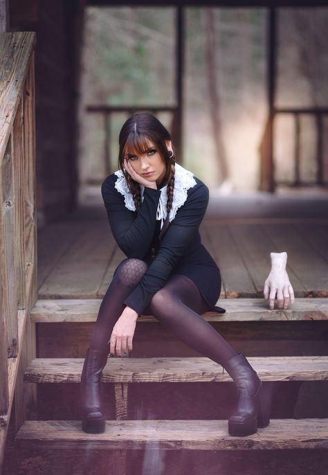 WEDNESDAY ADDAMS INSPIRED PICTURES AT LANDSFORD CANAL STATE PARK, SC Wednesday Photoshoot Ideas, Wednesday Photoshoot, Wednesday Addams Photoshoot Ideas, Wednesday Addams Photoshoot, Wednesday Addams Cosplay, Wednesday Dress, Addams Family Costumes, Photography Essentials, European Girls