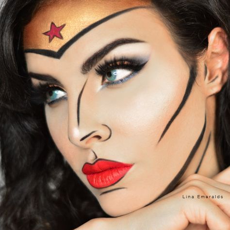 Wonder Woman Makeup by Lina Emeralds #WonderWoman #Makeup #Beauty #WonderWomanFilm #LinaEmeralds Comic Makeup, Zombie Make Up, Wonder Woman Makeup, Fantasy Make-up, Halloween Make-up Looks, Halloweenský Makeup, Cartoon Makeup, Woman Makeup, Pop Art Makeup