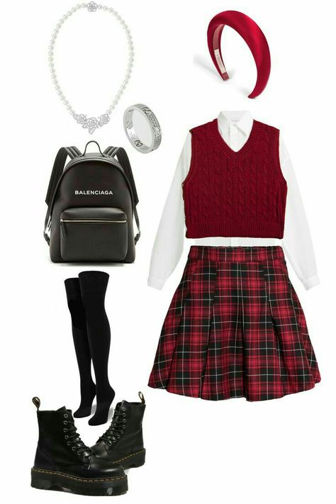 Red And White Outfit Casual, Red White And Black Outfits, Clueless Outfits Inspiration, Red Plaid Skirt Outfit, Heart Outfit, Clueless Outfits, Looks Chic, Kpop Fashion Outfits, Fancy Outfits