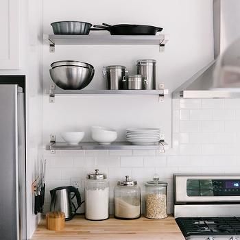 Ikea Ekby Mossby Shelf, Transitional, kitchen, A Couple Cooks Traditional Kitchen Renovation, Stainless Steel Kitchen Shelves, Ikea Ekby, Kitchen Bookshelf, Open Kitchen Shelves, Bookshelf Styling, Smitten Kitchen, Transitional Kitchen, Chic Kitchen