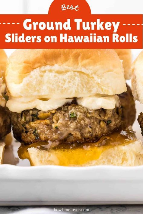 These easy-to-make, delicious Ground Turkey Sliders are perfect for game day, movie night or anytime you need an easy meal! Ground Turkey Sliders On Hawaiian Rolls, Ground Turkey Sliders, Turkey Sliders On Hawaiian Rolls, Sliders With Hawaiian Rolls, Mini Burger Buns, Sliders On Hawaiian Rolls, Deviled Egg Potato Salad, Turkey Appetizers, Hawaiian Roll Sliders