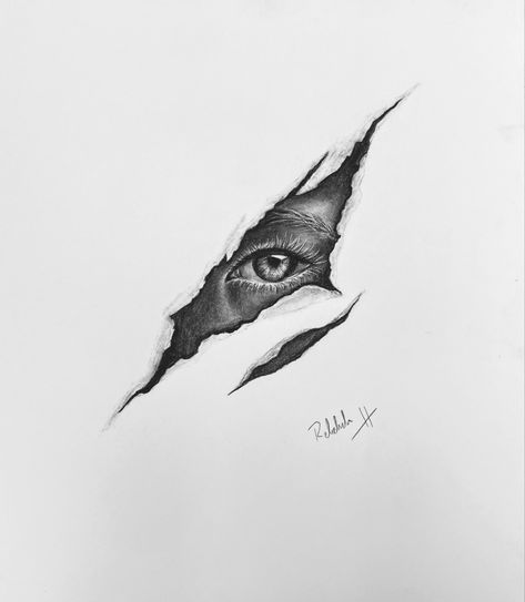 A drawing of an eye behind a large tear in paper. Eyes Charcoal Drawing, Charcoal Drawing Abstract, Charcoal Sketches Easy, Charcoal Eye Drawing, Simple Charcoal Drawing, Tears Drawing, How To Draw Tears, Charcoal Sketching, Easy Charcoal Drawings