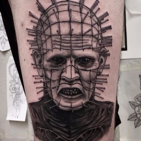 Pinhead Tattoo, Hellraiser Tattoo, Medium Tattoos, Horror Movie Tattoos, Movie Tattoo, Movie Tattoos, Sick Tattoo, Explore Tattoo, Portrait Face