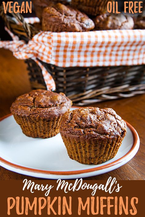 Mary McDougall's Pumpkin Walnut Muffins: These rich-tasting muffins are sweetened with molasses. No one will believe there's no oil added! #wfpb #vegan Wfpb Pumpkin Muffins, Vegan Pumpkin Muffins No Oil, Wfpb Desserts No Oil, Wfpb No Oil Recipes, Wfpb Muffins, Wfpb Recipes No Oil, Pumpkin Walnut Muffins, Wfpb Snacks, Mcdougall Diet