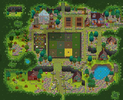 themonokumafile: “ forget-me-not farm, summer 10, year 3 mods: map ⋆ map recolor ⋆ buildings ⋆ makers ⋆ fences ⋆ scarecrows {high res} ” Stardew Farms, Forest Farm, Stardew Valley Layout, Stardew Valley Tips, Stardew Valley Farms, Green House Design, Summer Tips, Farm Plans, Farm Layout