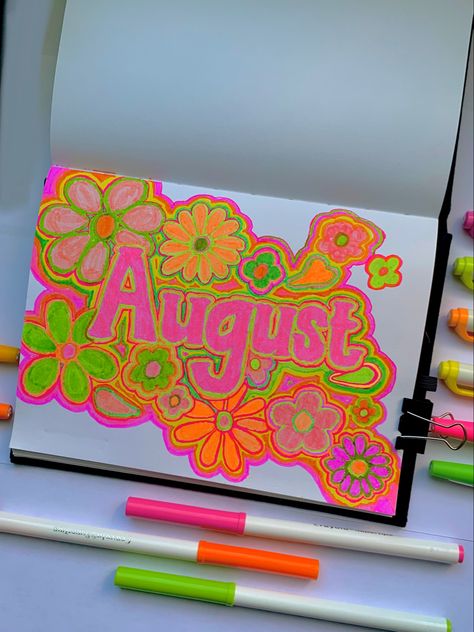 Groovy Art Painting, August Painting Ideas, 70s Doodles, 70s Drawings, Trippy Letters, Journal Cover Inspo, August Bullet Journal Cover, August Bullet Journal, Groovy Art