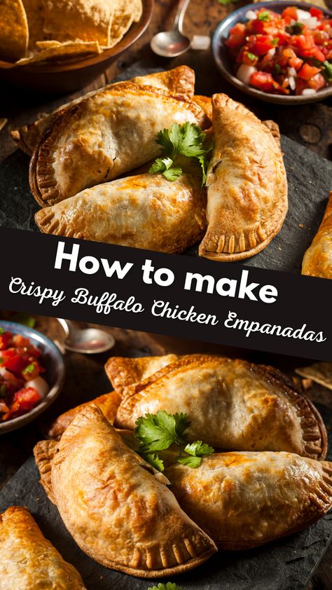 Buffalo Chicken Empanadas Buffalo Chicken Empanadas Recipe, Buffalo Chicken Dip Empanadas, Buffalo Chicken Empanadas Baked, Recipes Using Buffalo Sauce, Buffalo Chicken Bites Recipes, Buffalo Chicken Dip Bites, Empanada Ideas, Beef And Potato Empanadas Recipe, Buffalo Chicken Empanadas