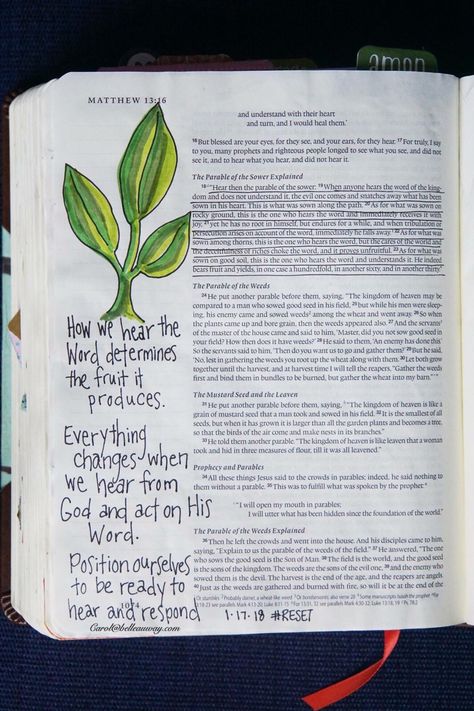 Matthew 13:18-23, January 17, 2018 carol@belleauway.com, RESET, Faber Castell Pitt Artist brush pen, Illustrated Faith pen, bible art journaling, bible journaling, illustrated faith Matthew 13, Matthew 13 Bible Journaling, Inspire Bible Journaling, Illustrated Faith, Bible Study Notes, Bible Art Journaling, Study Notes, Bible Art, Bible Inspiration