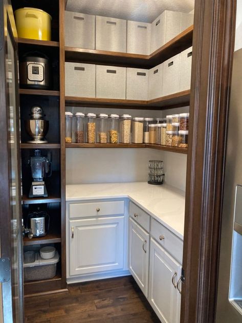 Small Pantry With Cabinets, Pantry With Bottom Cabinets, Pantree Ideas, Pantry Lower Cabinets Upper Shelves, Pantry With Cabinets And Counter, Pantry With Appliance Counter, Pantry Cabinet Ideas, Pantry Renovation, Loft Living Room