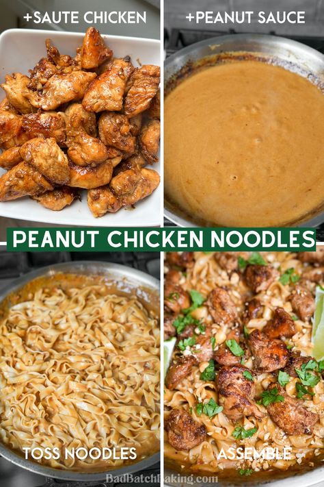 Thai Peanut Chicken Noodles Thai Chicken And Noodles Easy Recipes, Peanut Noodles Healthy, Chicken And Peanut Noodles, Spicy Peanut Chicken Noodles, Peanut Noodles Recipe Chicken, Thai Peanut Sauce Noodles And Chicken, Asian Chicken Recipes With Noodles, Healthy Peanut Chicken, Thai Chicken And Noodles