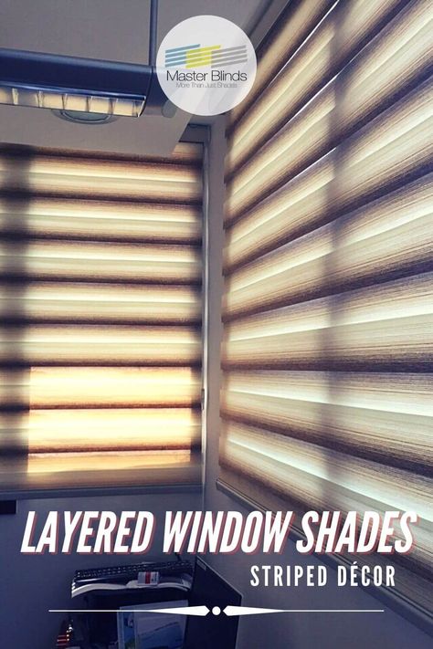 Overlapping slats crate a unique sheer/blackout combo that you can adjust effortlessly! Call to get a free estimate on layered shades for any window. #layeredshades #uvfiltershades #layeredprivacyshades #zebrashades #LosAngeles #windowtreatments #blinds&shades Layered Shades, Zebra Shades, Striped Decor, Custom Shades, Window Shades, Window Coverings, Window Treatments, Blinds, Angeles