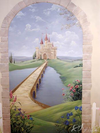 Kid's Rooms--It Brings me Back!! • Segreto Finishes Studio Mural, Castle Mural, Hand Painted Murals, Fairy Bedroom, Medieval Decor, Kids Room Murals, Wall Painting Art, Fantasy Rooms, Murals For Kids